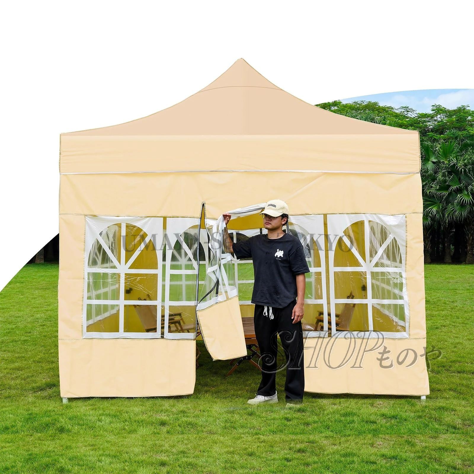 『ポイント6倍！7月限定!』大型ワンタッチタープテント サイドシート4枚付き 四脚 折りたたみ式 タープテント 窓付きサイドシート（窓あ｜IZAMストア