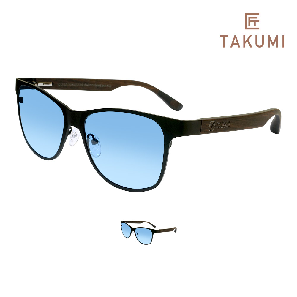 IZONE NEW YORK 匠 TAKUMI サングラス メンズ レディース 偏光 ライトカラー ライトブルー 木製 ウッド チタン フレーム ウッドサングラス ウェリントン カラーレンズ ブルー レンズ 青 黒檀 エボニー 紫外線カット UVカット 木目 ケース付き 運転用 アウトドア用 P603-LBL｜IZONE NEW YORK