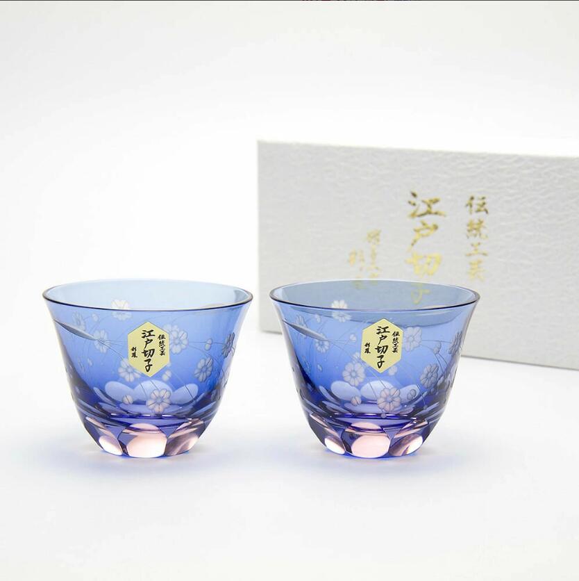 【彩鳳】江戸切子 桜文様天開 ぐい呑 グラスセット　木箱入伝統工芸品 切子グラス 手作りペアセット ギフト 贈り物 プレゼント タンブラー ミツワ硝子工芸 退職祝い 内祝 結婚祝い 日本酒