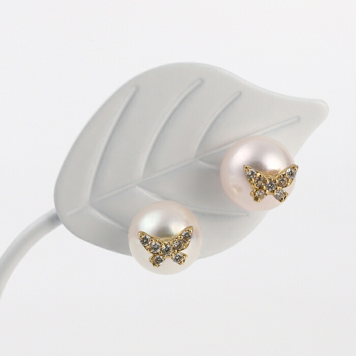 【新着】 K18 ダイヤ入り 蝶 アコヤパール ピアス 18金ゴールド【送料無料】【対応】【ラッピング無料】|ジュエリーAYA