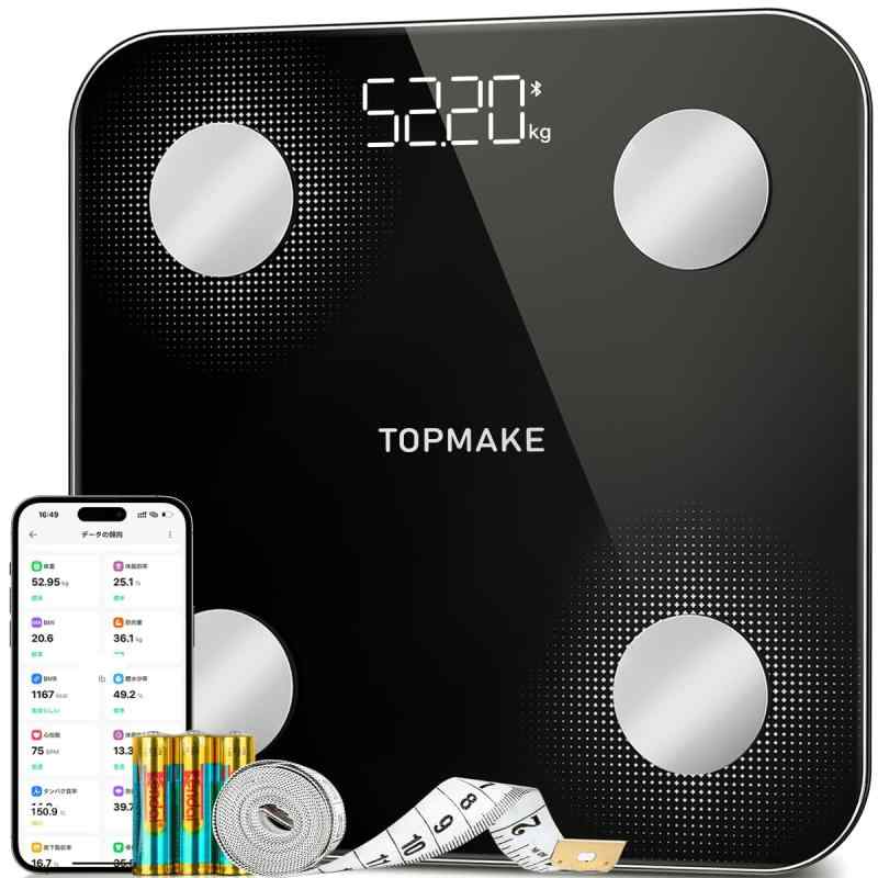 TOPMAKE [アップグレード] 体重計、デジタルバスルームスケール BMI 体脂肪計、25体組成計、アプリ＆Bluetooth同期、バッテリー＆メジャー付き、ブラック28*28cm画像