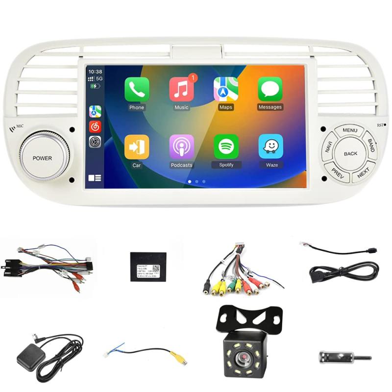 ワイヤレス Carplay Android Auto カーステレオに対応 Fiat 500 2007-2015 7インチ タッチスクリーン Android 9 ラジオ 8LED バックアップカメラ、FM RDS、GPS、WiFi、SWC、BT、ミラーリン