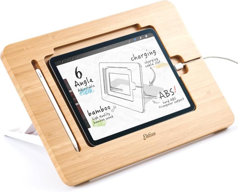 ELEKOOCON調節可能なタブレットスタンド 鉛筆&充電ケーブルスロット付き アップグレードされた竹製デスクスタンド 複数の角度 オーガナイザーデスクトップホルダー ドローイング用 (9.7~11
