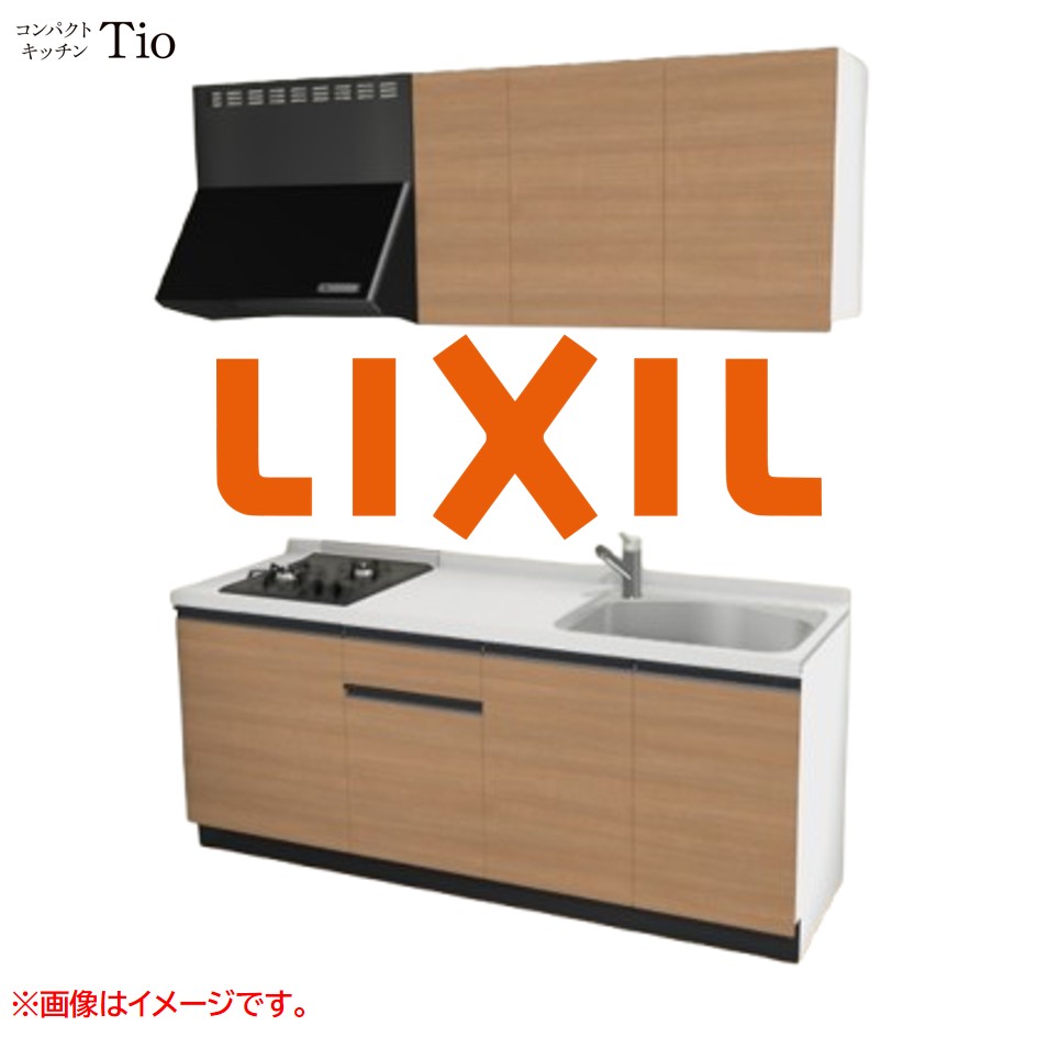 人造大理石トップ 間口1950mm 2口ガスコンロ ミニキッチン コンパクトキッチン コンログリルレス LIXIL リクシル Tio ティオ 壁付I型 W1950 扉デザイン グループ2 B7シリーズ 木目(つや消し) カラー(クリエラスク) ライン取手【送料無料】|J-HOUSEジャパン