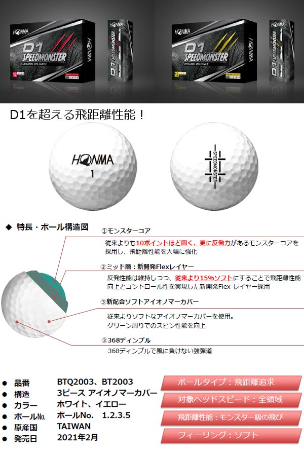 楽天市場 21年モデル 本間ゴルフ ホンマ D1 スピードモンスター ボール ホワイト １ダース 12球入り Honma Ball Speed Monster Japan Net Golf 楽天市場店