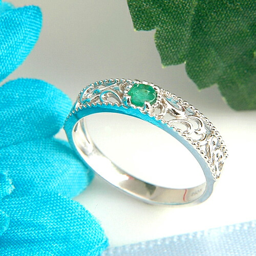 『ポイント20倍』ホワイトゴールド(K10WG) エメラルド リング(透かし/ストレート/ラウンド/一粒石/ワンストーン/5月誕生石)【宝石 ジュエリー】【プレゼント】【刻印無料】*