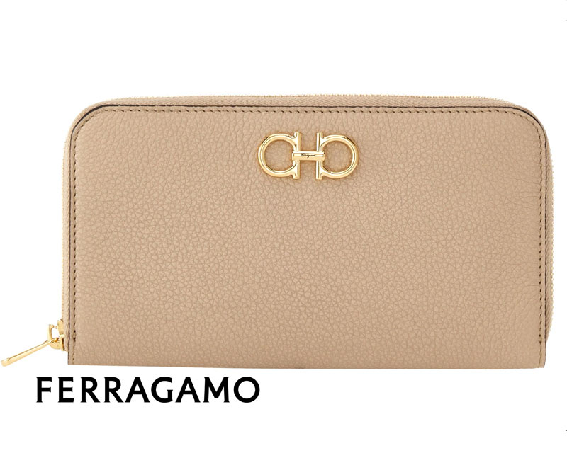 Salvatore Ferragamo サルヴァトーレ フェラガモ 220405 0758663 レザー ラウンドファスナー長財布 小銭入れ付 ガンチーニ オーガナイザー Daino ベージュ系 新品【送料無料】｜ジュエリーセキネ