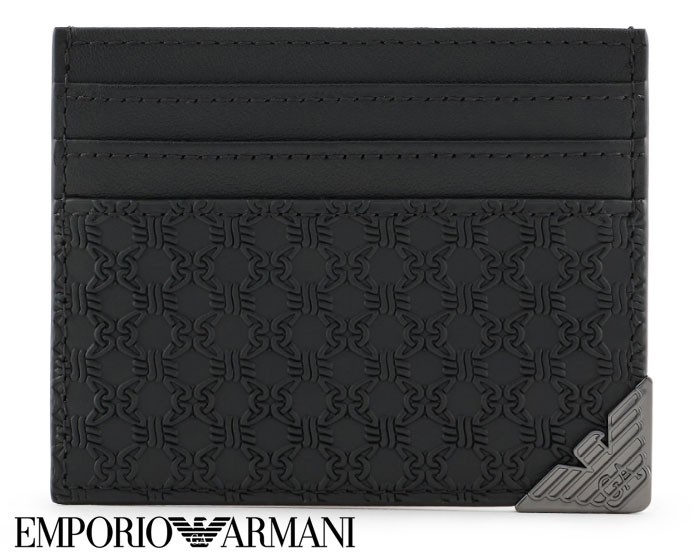 EMPORIO ARMANI エンポリオアルマーニ YEM320 YQ82X 80001 カードホルダー レザー オールオーバーエンボスパターン ブラック 新品 メンズ【送料無料】