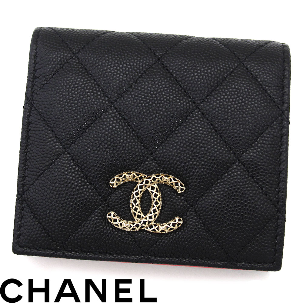 月末限定値下げ　美品　CHANEL シャネル　二つ折り　ウォレット　キャビア　箱 CHANEL キャビアスキン 二つ折り 財布ブラック 箱チェーン付