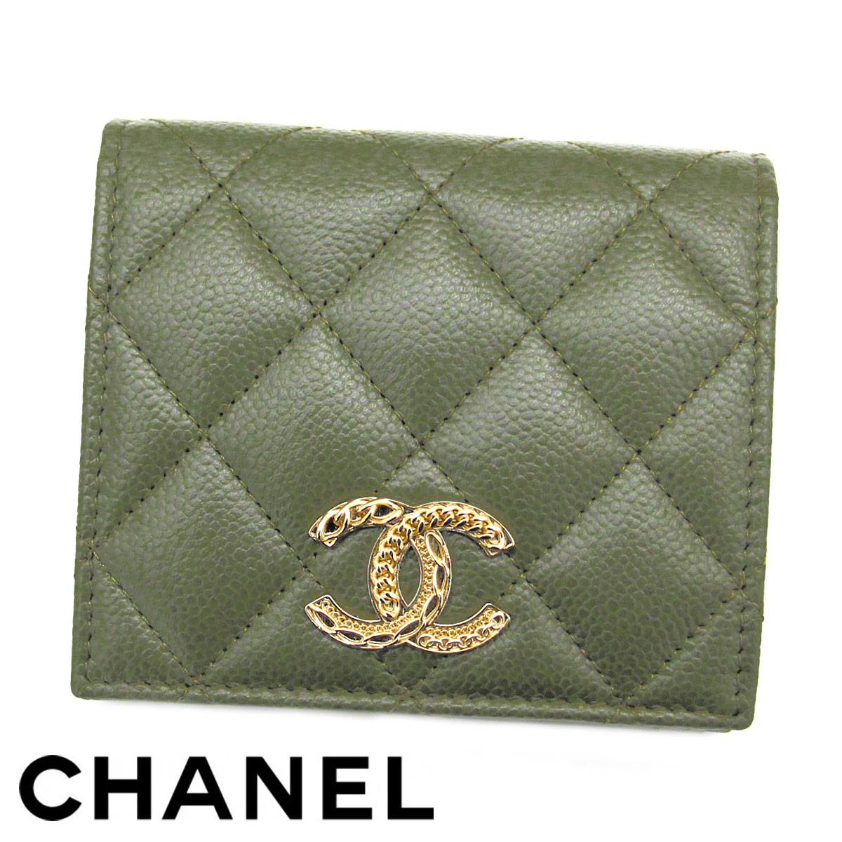 CHANEL シャネル スモール AP3055 B09324 NK297 フラップ コンパクト ウォレット キャビア 小銭入れ付 二つ折り財布 カーキグリーン×ゴールド金具 新品【送料無料】