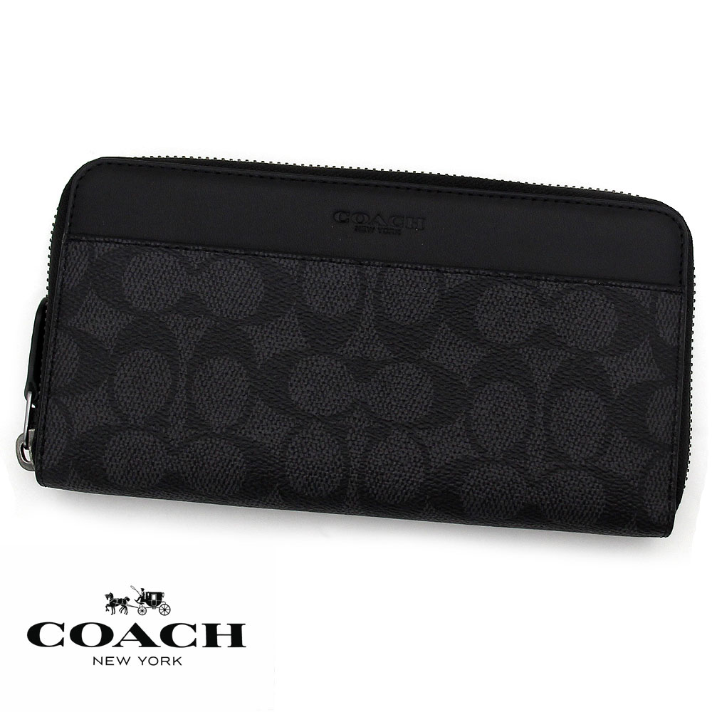 COACH 逃げ口 コーチ職 CY405 QBMI5 手風琴 ウォレット・シグネチャー 帆布 ラウンドジッパー 長紙入れ 濃灰色 黒いこと 新品 メンズ 差し上げ物【貨物輸送無料】