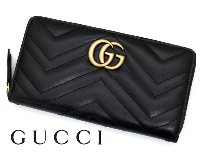 GUCCI グッチ 443123 DTD1T 1000 GGマーモント シェブロン キルティング レザー ダブルG ジップアラウンドウォレット 小銭入れ ラウンドファスナー長財布 ブラック 新品【送料無料】