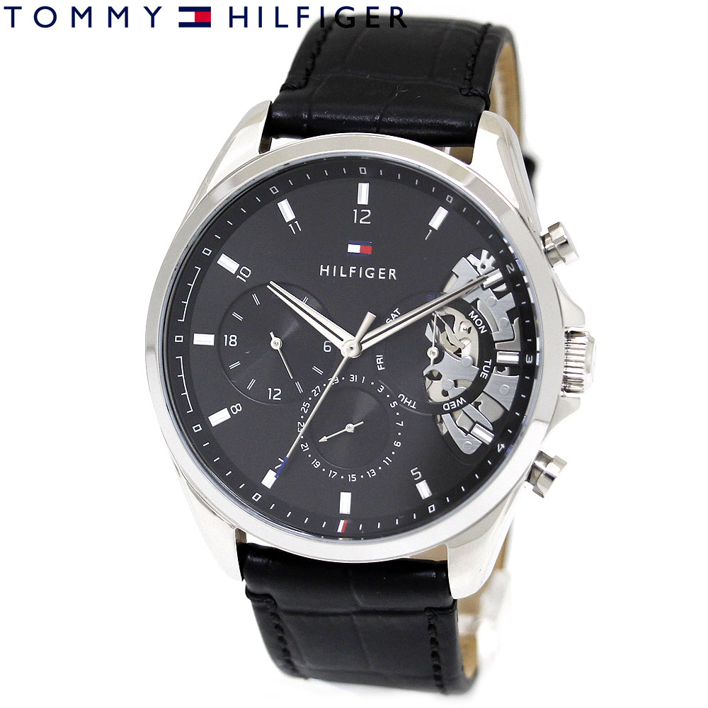 TOMMY HILFIGER トミーヒルフィガー 1710449 メンズ 腕時計 マルチファンクション アナログ クォーツ 革バンド レザーバンド ブラック ギフト プレゼント 【送料無料】