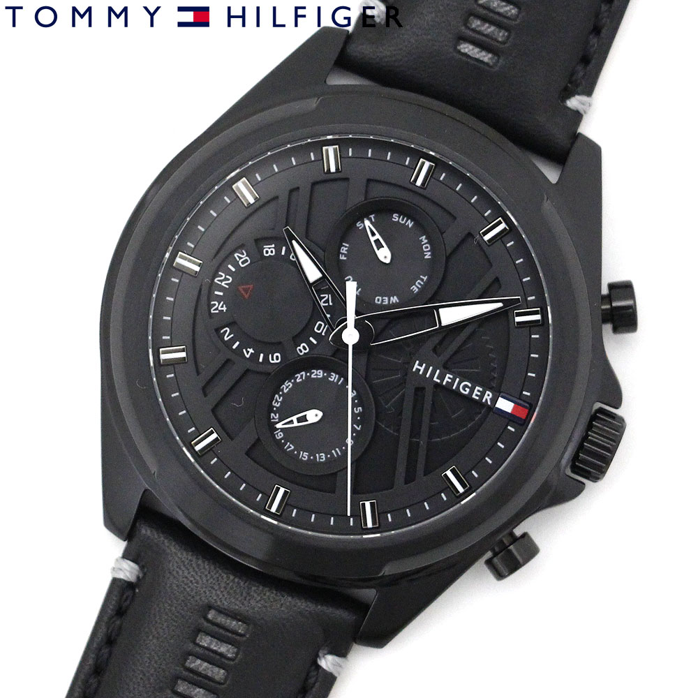 TOMMY HILFIGER トミーヒルフィガー 1710654 メンズ 腕時計　マルチファンクション アナログ クォーツ　革バンド レザーバンド ブラック ギフト プレゼント 【送料無料】