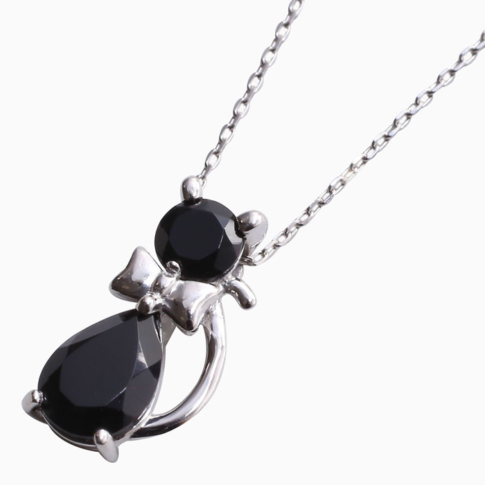 【送料無料】10金 K10 K10WG ホワイトゴールド ペンダント 10金ペンダント ネックレス アクセサリー ねこ ネコ 猫 キャット ネコモチーフ 天然石 オニキス 可愛い レディース レディースペンダント 記念日 誕生日 お祝い ギフト プレゼント 小豆チェーン 40cm