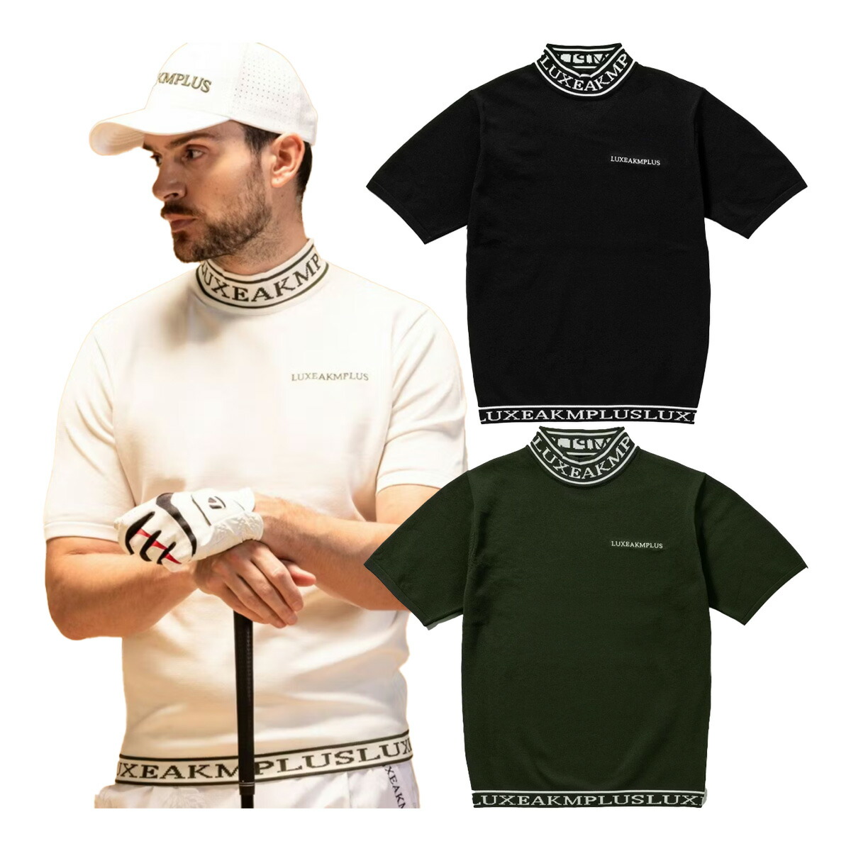 リュクスエイケイエムプラス 半袖 ニットTシャツ ニットシャツ モックネックシャツ カラーロゴ メンズ LAK-25001 LAK25001 2025年春夏モデル LUXEAKMPLUS 春夏ウェア ゴルフウェア