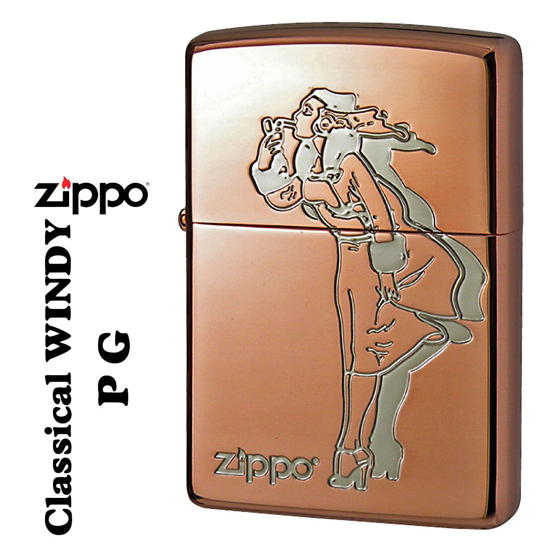 zippo ライター (ジッポーライター)人気の「WINDY」デザイン クラシカル ウィンディ ピンクゴールド オイルライター CL-WINDY かわいい 彫刻 ZIPPOロゴ入り キャラクター キュート レトロモチーフ メンズ レディース 女性 ギフト プレゼント 送料無料 【ネコポス可】