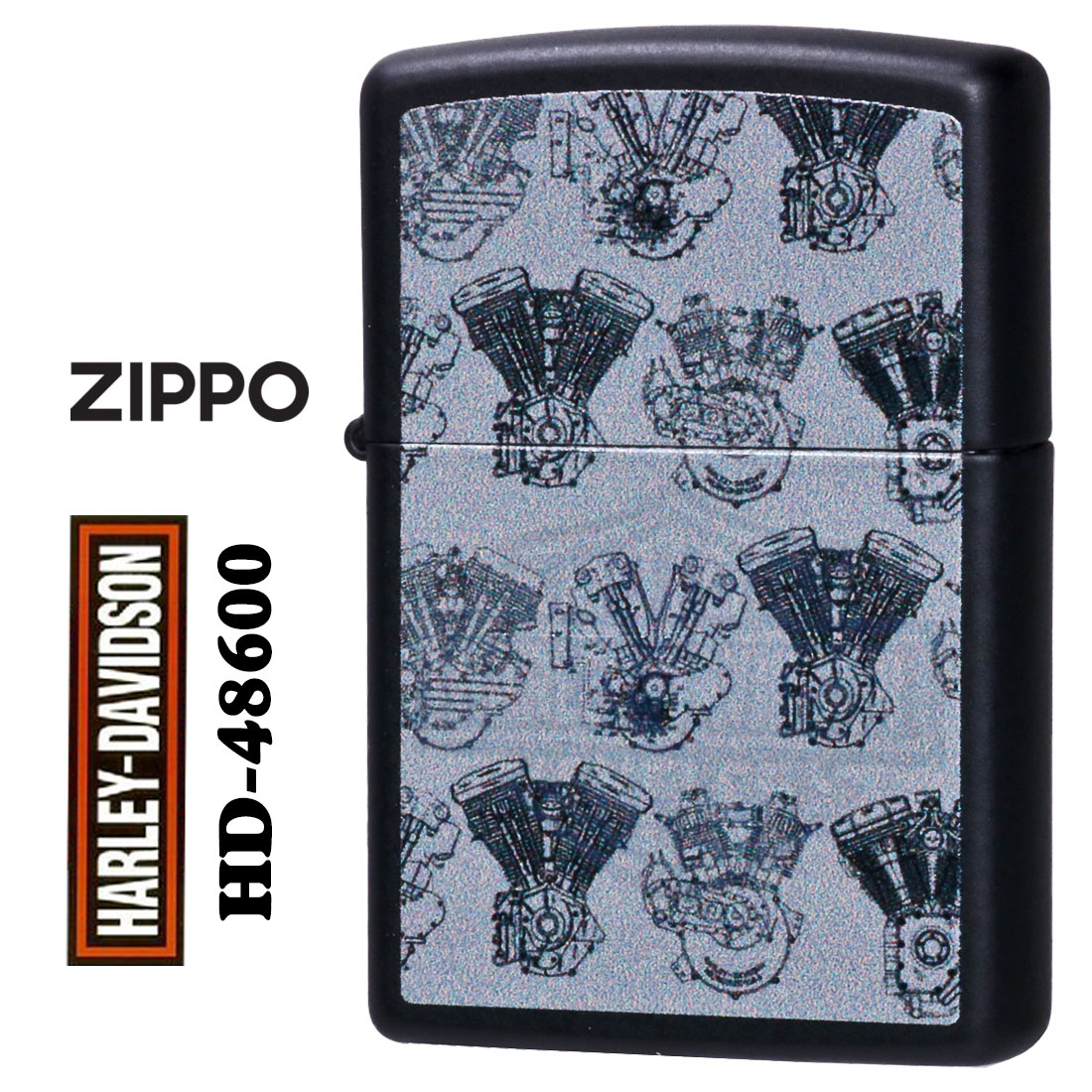 zippo(ジッポーライター)ハーレーダビッドソン Harley-Davidson HARLEY エンジン柄 ブラックマット プリント HD-48600 特殊ブラックライト塗料仕上げ オイルライター 黒 USA バイク カッコイイ　ギフト プレゼント 送料無料 【ネコポス可】