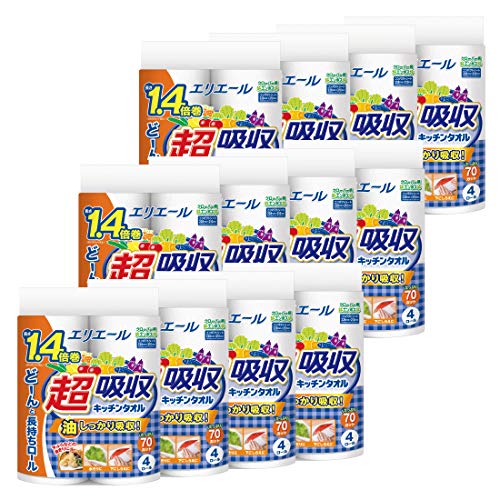 エリエール キッチンペーパー 超吸収 キッチンタオル 70カット×48ロール(4ロール×12パック) パルプ100% 1.4倍巻き 【ケース販売