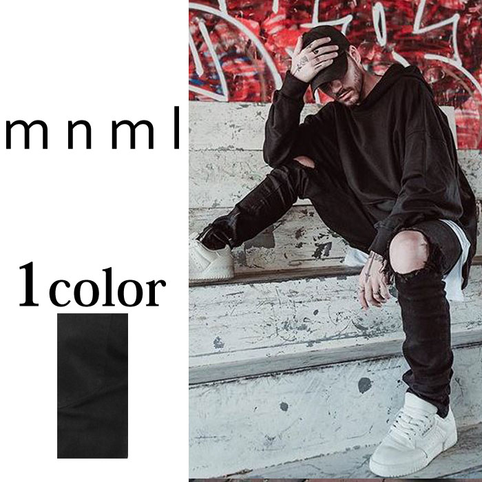 【送料無料】ミニマル 裾ZIP(ジップ) ダメージクラッシュジーンズ mnml M1 STRETCH DENIM BLACK M2017-D214-BLK/クラッシュデニムパンツ/ブラック/BLACK