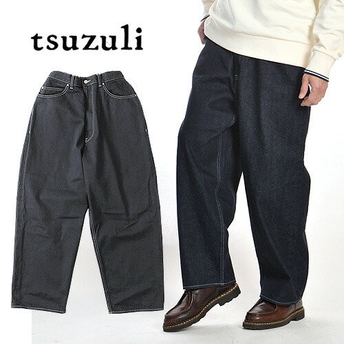 tsuzuli / ツヅリ EZ DENIM 5P PANTS ONE WASH PT2201 INDIGO ONE WASH 【デニムパンツ ワイドシルエット UNISEX オーバーサイズ ゆったり ユニセックス ウエストゴム イージーパンツ テーパード おしゃれ かっこいい トレンド 5ポケット】
