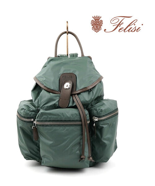 【ポイント10倍】フェリージ Felisi バッグ リュックサック ナイロン レザー フラップ付き カーキ ミリタリー モダン イタリア製 男女兼用 国内正規品・23-39-HK-4302302(メンズ)(レディース)