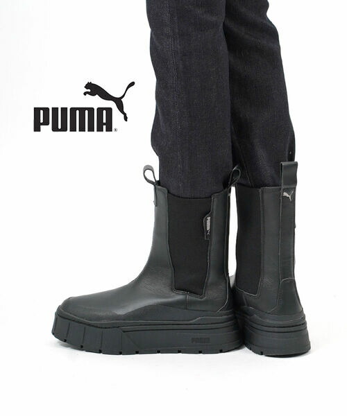 プーマ PUMA ブーツ チェルシーブーツ 厚底 ミドルブーツ サイドドア スエード カジュアル ブラック シューズ ミドル丈 脚長 メイズ スタック チェルシー ウィメンズ・386272-0122302(レディース)(D-4)