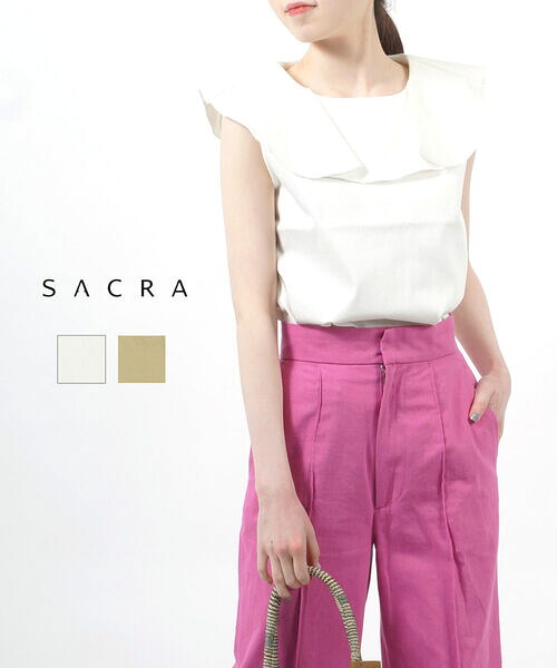 【40%OFF】サクラ SACRA ノースリーブ カットソー ストレッチ コットン ホワイト ベージュ フリル襟 ラッフル 日本製 outlet ・SF206031-3341501(レディース)｜JACQUEMART
