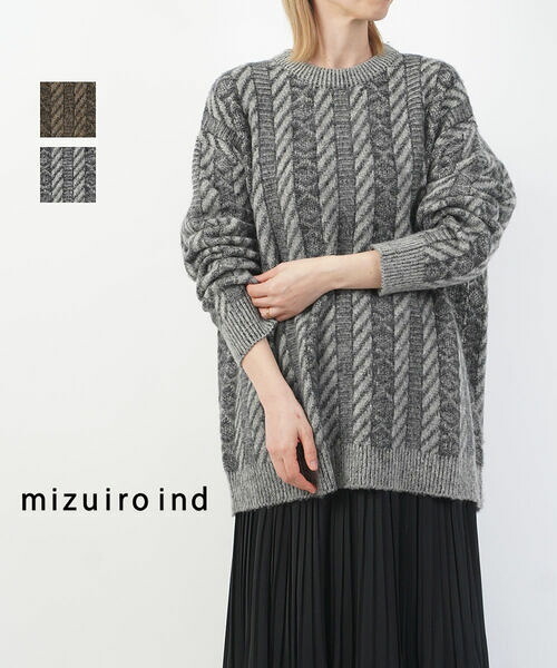 ミズイロインド mizuiro ind ニット プルオーバー セーター トップス クルーネック 長袖 体型カバー 大きめ 総柄 大人・4-220067-1262402(レディース)