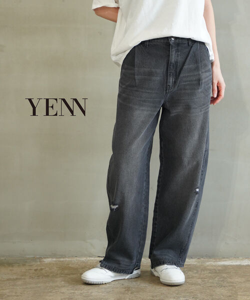 【マラソン期間中ポイント10倍】イェン YENN デニム パンツ デニムパンツ ワイドパンツ カーブパンツ コクーン 体型カバー ダメージ 人気・Y243-31082-5092501(レディース)