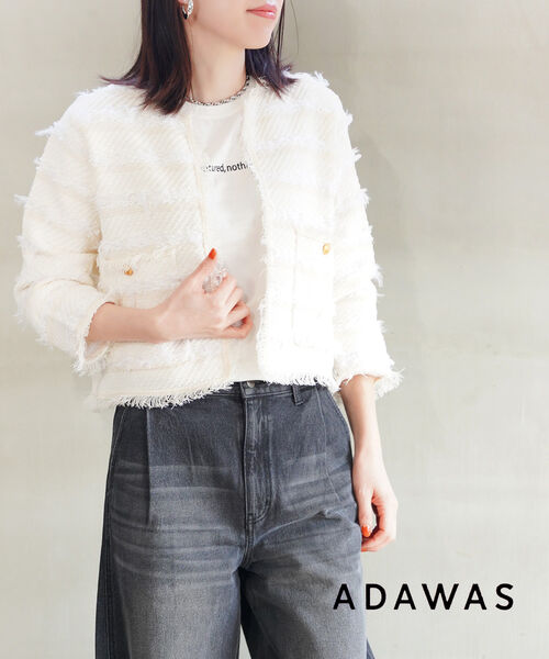 【40%OFF】アダワス ADAWAS ジャケット ツイード ノーカラージャケット アウター 長袖 金ボタン フリンジ おしゃれ 入学式 セレモニー オケージョン・ADWS-407-14-2702501(レディース)｜JACQUEMART
