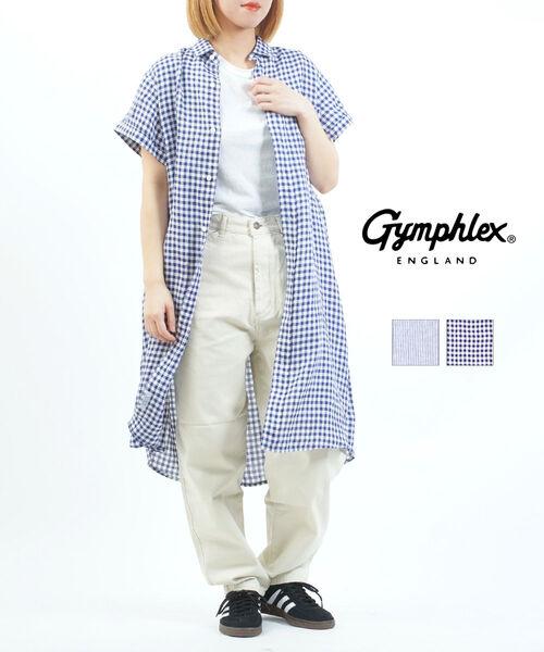 【4/15限定10%クーポン&ポイント10倍】ジムフレックス Gymphlex ワンピース シャツワンピース 半袖 羽織り リネン 麻 ストラップ チェック 定番・GY-B0243LNP-0322501(レディース)(JP)