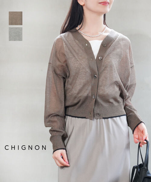 シニヨン CHIGNON カーディガン シアー Vネック 薄手 カーデ 羽織り 透け感 おしゃれ 重ね着・9853-385JR-5092501(レディース)