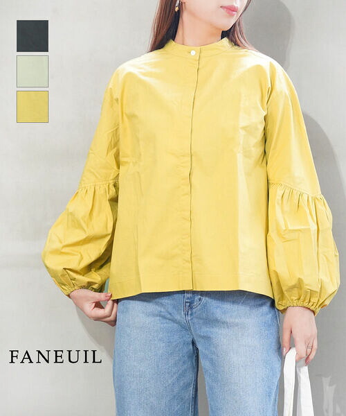 【4/20限定10%クーポン&ポイント10倍】ファヌル FANEUIL シャツ ブラウス トップス 長袖 スタンドカラー バンドカラー パフスリーブ 袖ボリューム 無地 シンプル カジュアル 日本製・F-6324306-0232402(レディース)