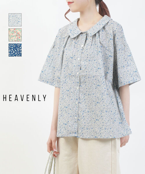 【2026年春夏新作】ヘブンリー HEAVENLY 半袖 ブラウス トップス 花柄 フラワー 総柄 襟付き ゆったり 体型カバー 前後着用 かわいい 上品・2613072-5022601(レディース)