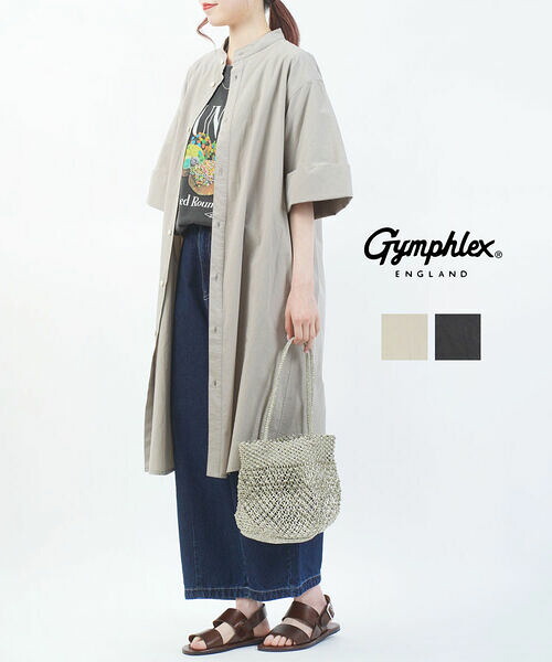 【ポイント2倍】【2026年春夏新作】ジムフレックス Gymphlex ワンピース シャツワンピース ロング シャツ 半袖 体型カバー Aライン 立ち襟 スタンドカラー 無地 シンプル・GY-G0119TYO-0322601(レディース)(JP)