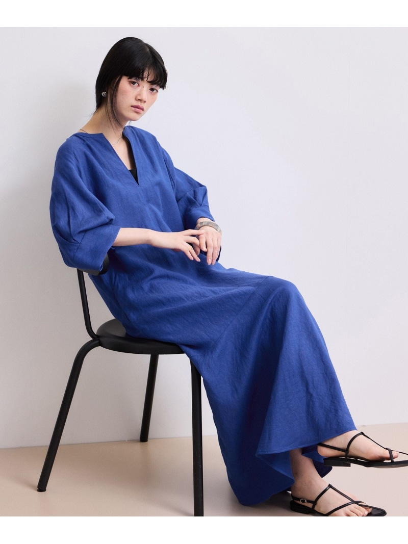 【WEB限定】リネンボリュームスリーブワンピース ADAM ET ROPE' FEMME アダムエロペ ワンピース・ドレス ワンピース ブルー ブラック【送料無料】[ Fashion]