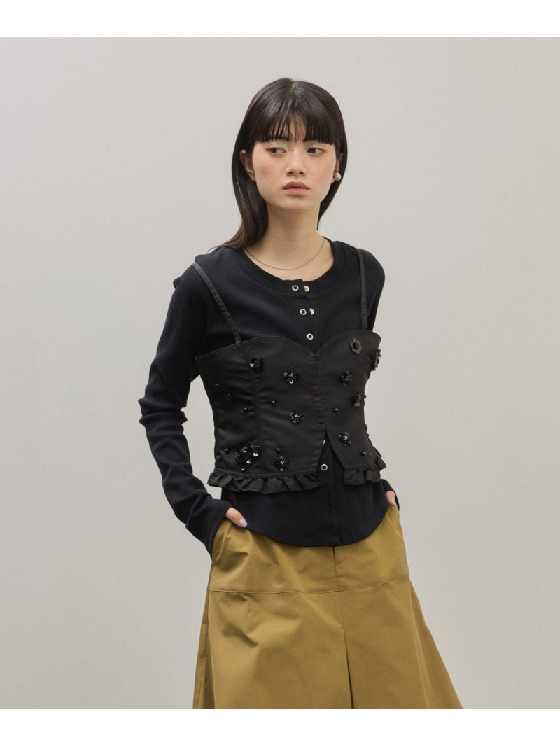 シークインフラワービスチェセットカーディガン ADAM ET ROPE' FEMME アダムエロペ トップス カーディガン ブラック ベージュ【送料無料】[ Fashion]