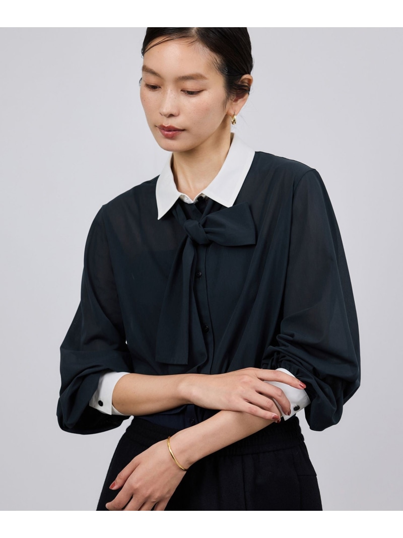 【SALE／30%OFF】シアートリコットボウタイシャツブラウス/イージーケア ROPE' ロペ トップス シャツ・ブラウス ネイビー ホワイト【RBA_E】【送料無料】[ Fashion]