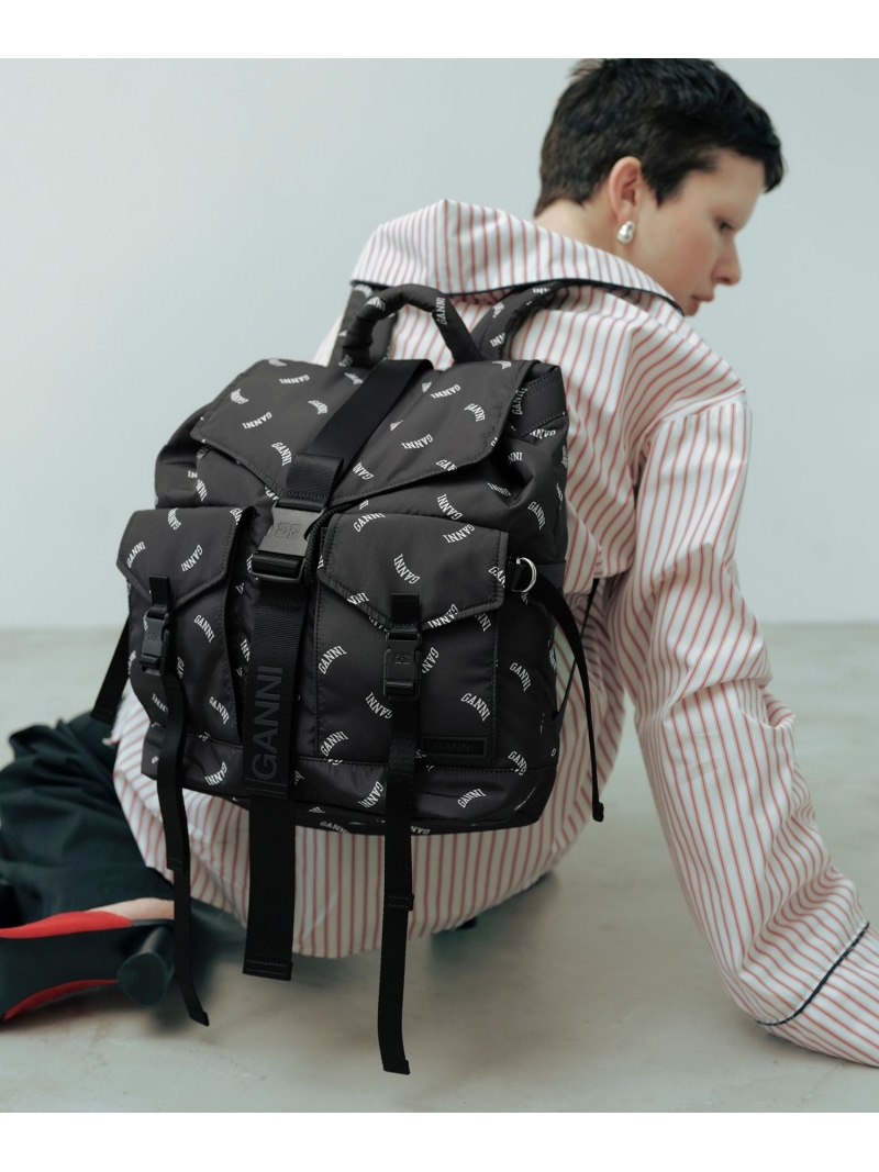 【GANNI for ADAM ET ROPE'】Re-Tech Logo Print Backpack ADAM ET ROPE' FEMME アダムエロペ バッグ リュック・バックパック ブラック【送料無料】[ Fashion]