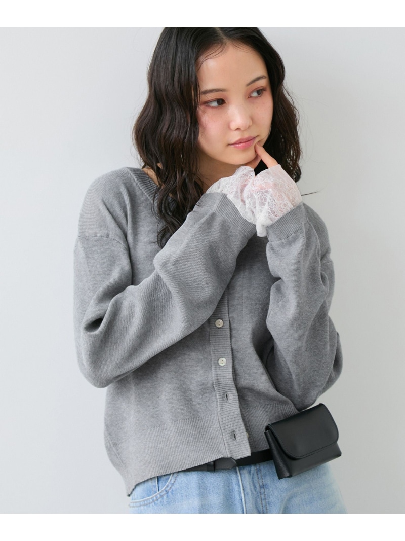 袖口レースカーディガン VIS ビス トップス カーディガン グレー ベージュ イエロー【先行予約】*【送料無料】[ Fashion]