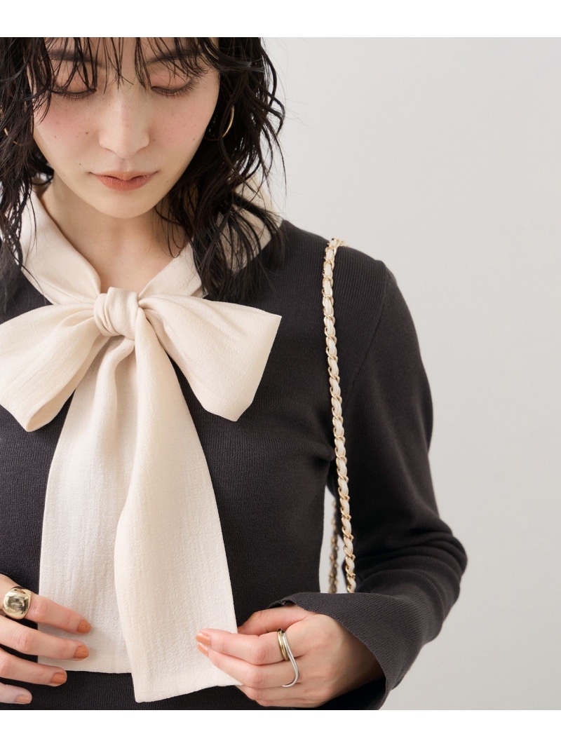 バイカラーリボンドッキングニット VIS ビス トップス ニット ベージュ グレー【送料無料】[ Fashion]