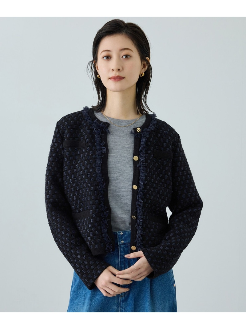 【SALE／50%OFF】ニットフリンジジャケット ROPE' ロペ ジャケット・アウター ノーカラージャケット ネイビー ベージュ【RBA_E】【送料無料】[ Fashion]｜J&rsquo;aDoRe JUN ONLINE