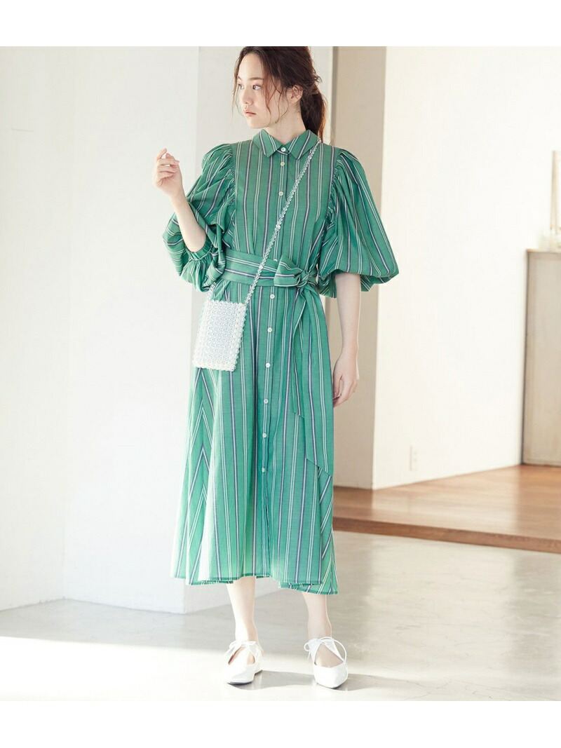 楽天市場 Rakuten Fashion Sale 60 Off ストライプボリュームスリーブワンピース Vis ビス ワンピース ワンピースその他 グリーン ベージュ Rba E J Adore Jun Online