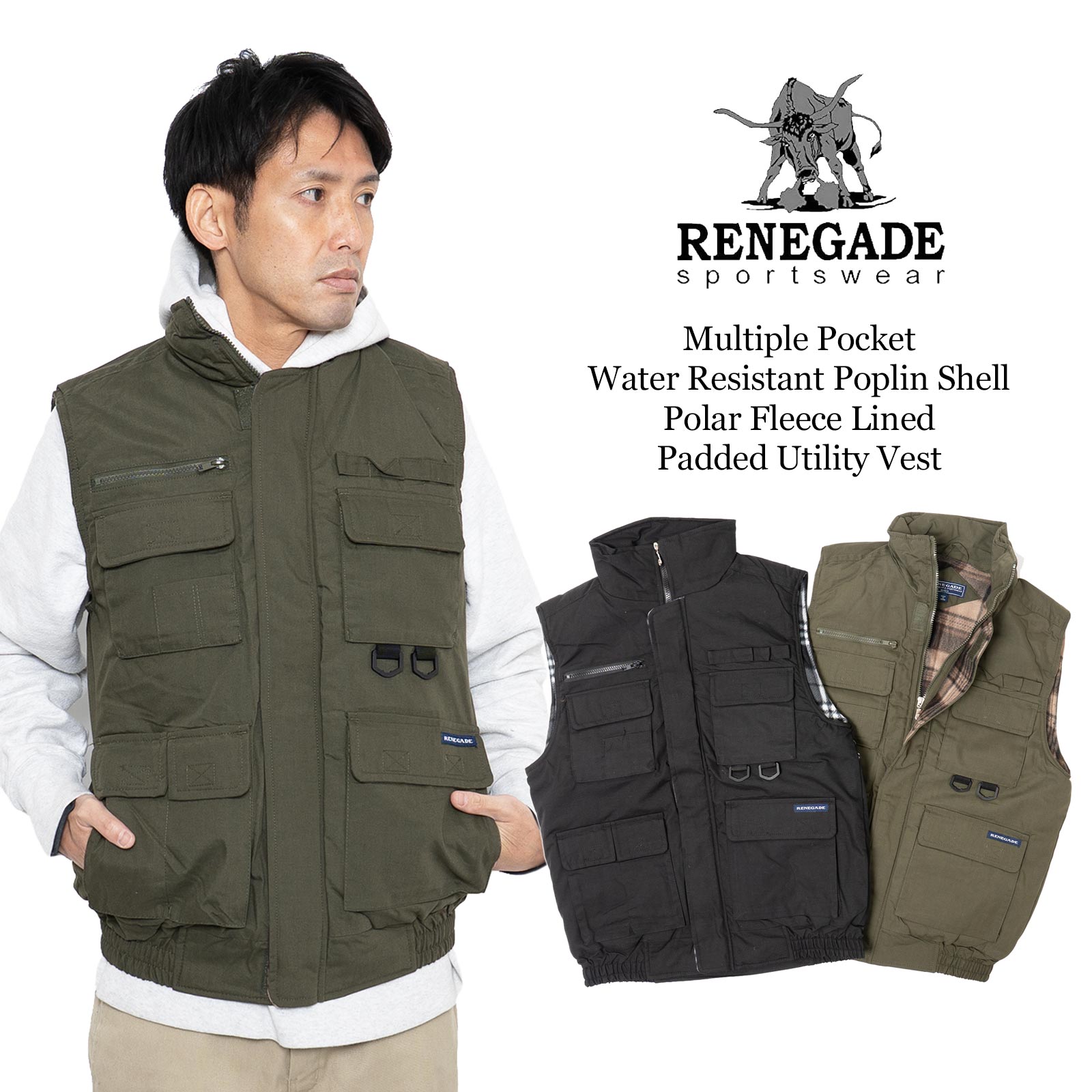 【クーポン配布中】Renegade Sportswear マルチポケット ユーティリティベスト ｜ メンズ S M L XL ワークベスト ミリタリーベスト 中綿 フリース