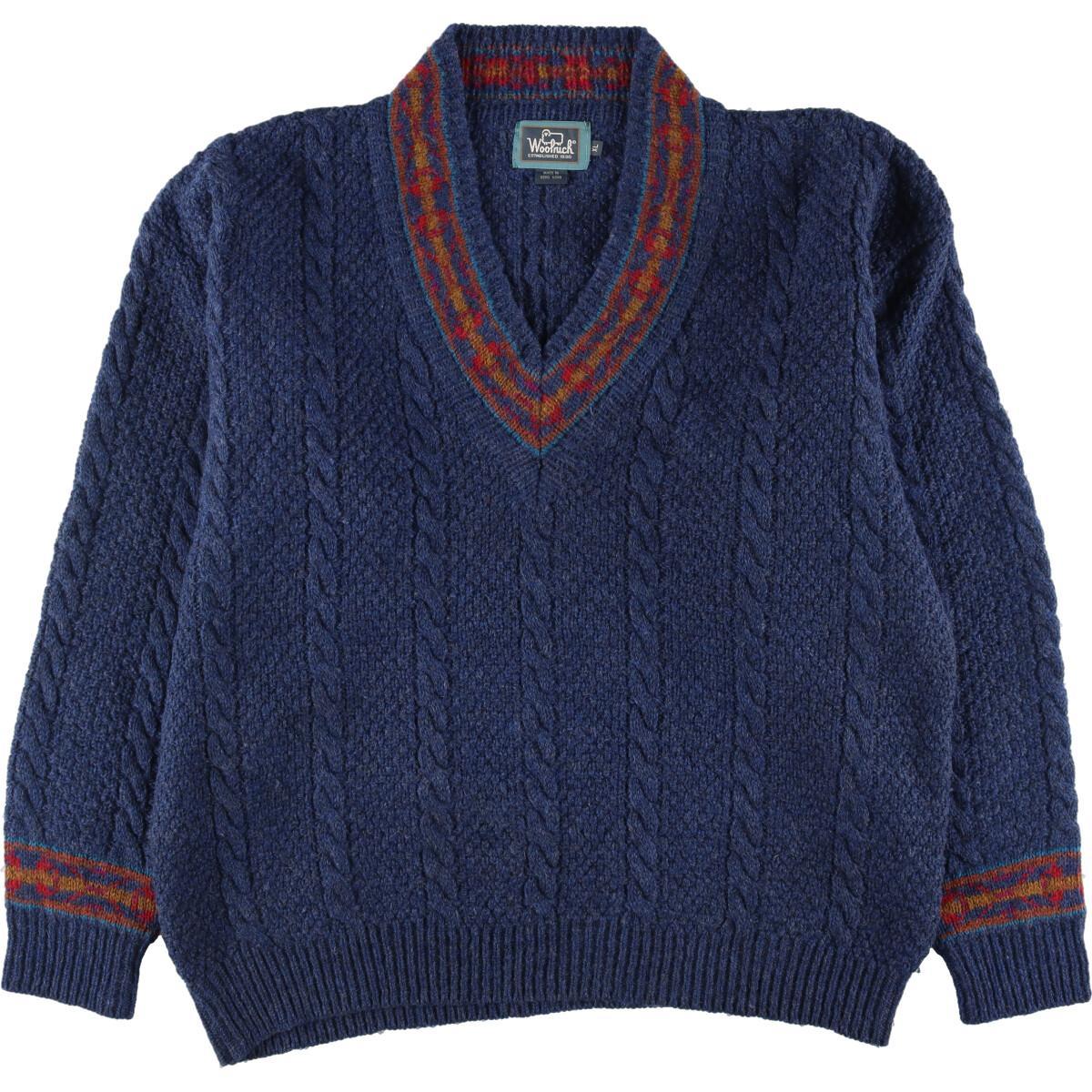 古着 80年代 ウールリッチ WOOLRICH Vネック ケーブル編み ウールニットセーター メンズXL ヴィンテージ eaa281612