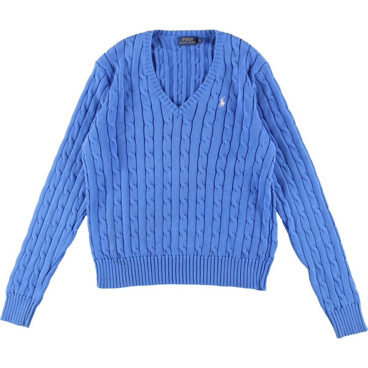 LAUREN ラルフローレン 襟付き Vネック ケーブル ニット セーター レディース S / 古着 ポロ コットン 無地 ポニー無し 長袖ニット ブルー main image 0