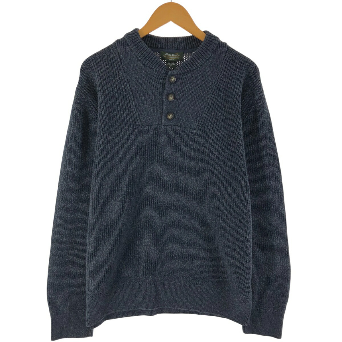 【Eddie Bauer】00s- コットンニット 無地 前V ノームコア 深緑 f060315-06_1.jpg