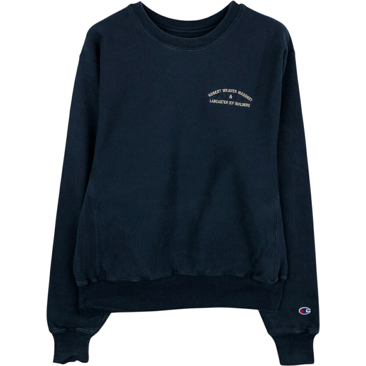 古着 00'S チャンピオン Champion PREMIUM REVERSE WEAVE プレミアムリバースウィーブ Robert Weaver Masonry アドバタイジング スウェットシャツ トレーナー メンズS相当 /eaa545865 【中古】 【260307】 ネイビー系 春夏秋冬