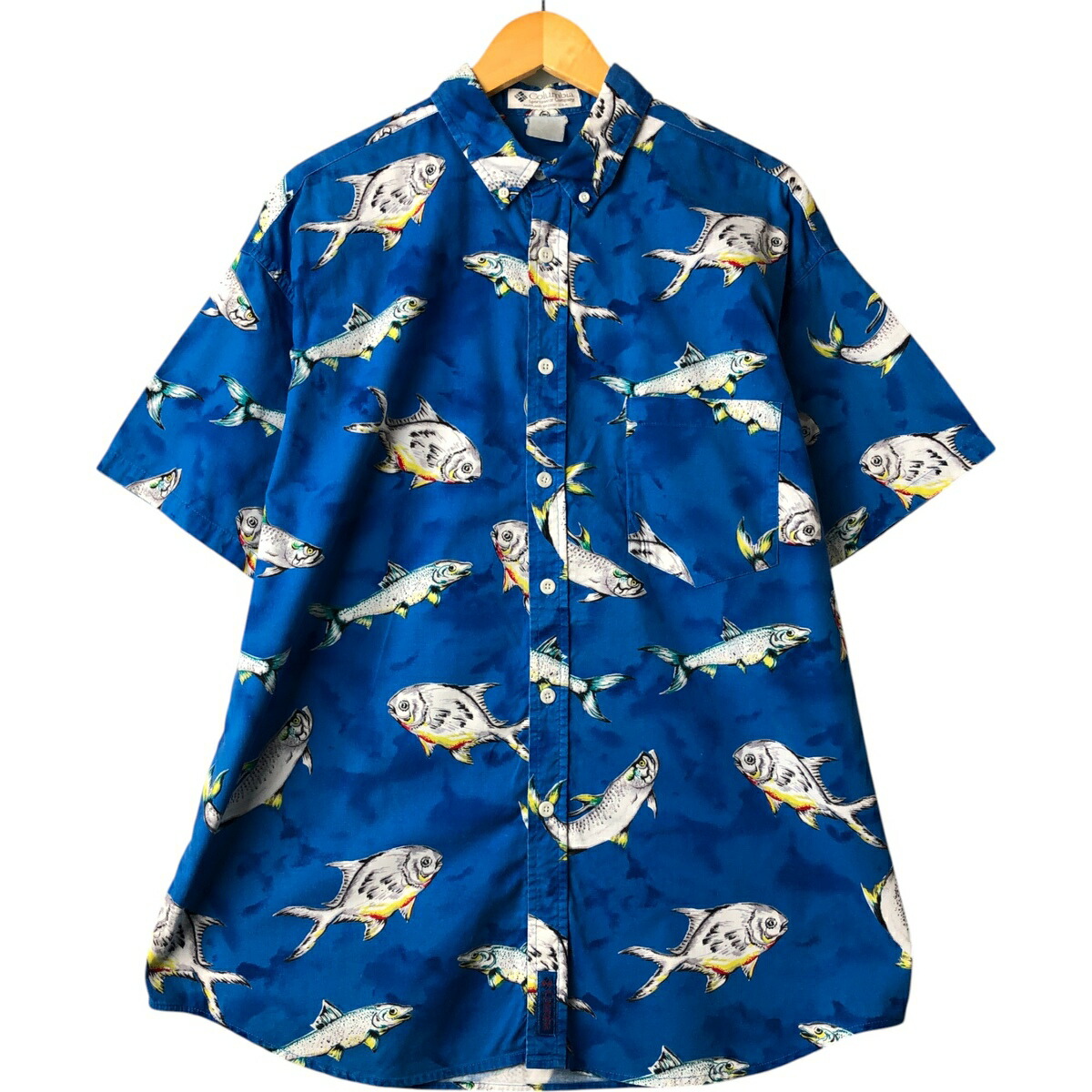 古着 90'S コロンビア Columbia 白タグ 総柄 魚柄 半袖 ボタンダウンシャツ メンズXL相当 ヴィンテージ /eaa568956 【中古】 【250719】
